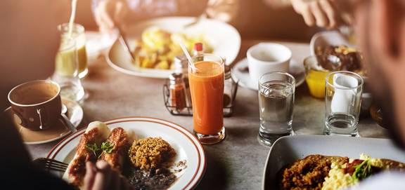 Meal with a variety of dishes on a set table