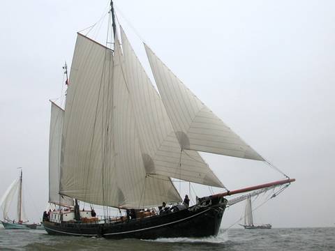 Clipper Aldebaran under white sails, viewed from the side