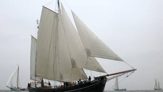 Clipper Aldebaran under white sails, viewed from the side