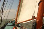 View from the wooden deck beneath the sails of the Aldebaran