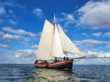 Clipper Anna under white sails beneath a blue sky