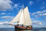 Clipper Anna under white sails, viewed from the bow