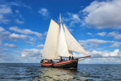 Clipper Anna under white sails beneath a blue sky