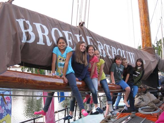 School pupils aboard the Broedertrouw during a residential school trip