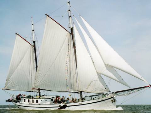 Two-masted clipper Mars with white sails hoisted