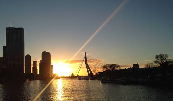Sunset at the Erasmus Bridge viewed from the Oude Maze