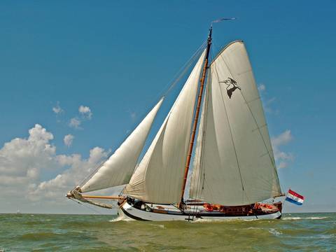 Tjalk Pelikaan under white sails, viewed from the side