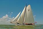 Tjalk Pelikaan under white sails, viewed from the side