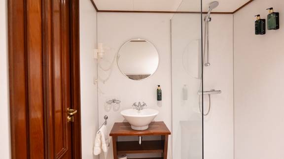 Bathroom with a shower and washbasin on the Simmer fan Fryslân