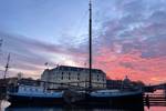Spartivento moored beneath a pink evening sky