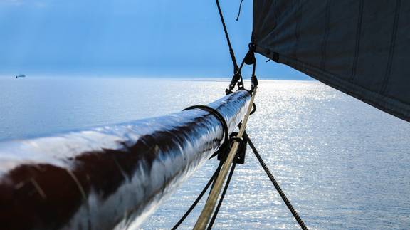View along the bowsprit of the Spes Mea