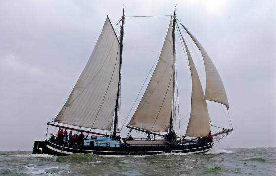 Clipper Waterman under white sails on open water