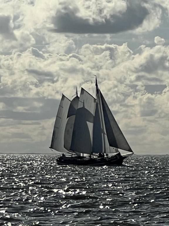 Clipper Waterman under sail on shimmering water beneath dark clouds