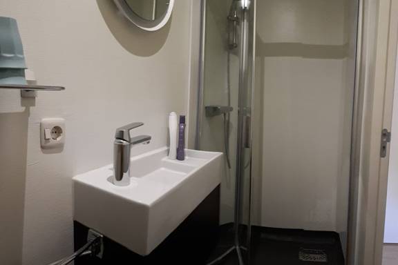 Bathroom of the Wilhelmina with a washbasin and shower