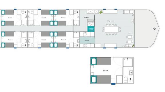 Deck plan of the Wilhelmina with six twin-berth cabins