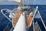 Foredeck of the Eendracht, viewed from the bowsprit at sea