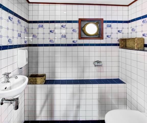 Toilet with a washbasin and blue-and-white tiles on the Mare fan Fryslân
