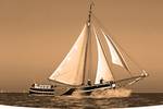 Tjalk Orion under sail in warm evening light